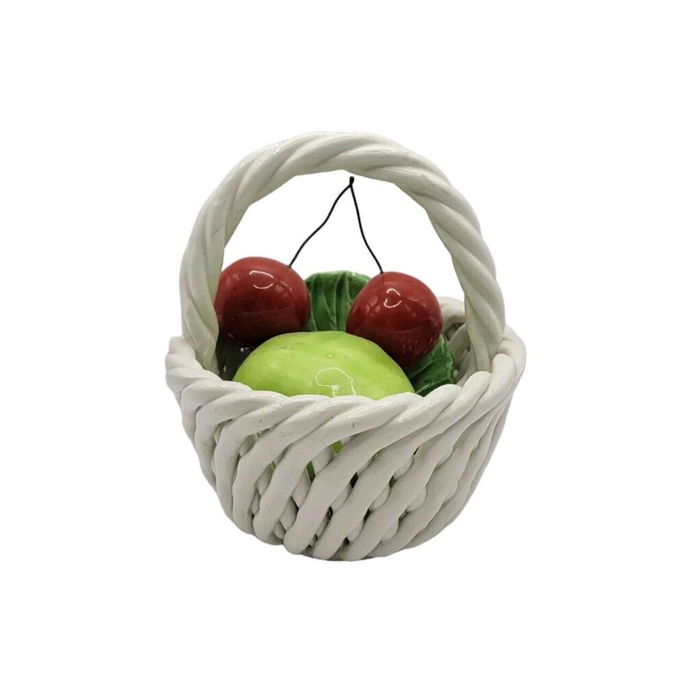 Vintage Cherry Apple Lattice Ceramic Pottery 4.5" Fruit Basket Made In Italy